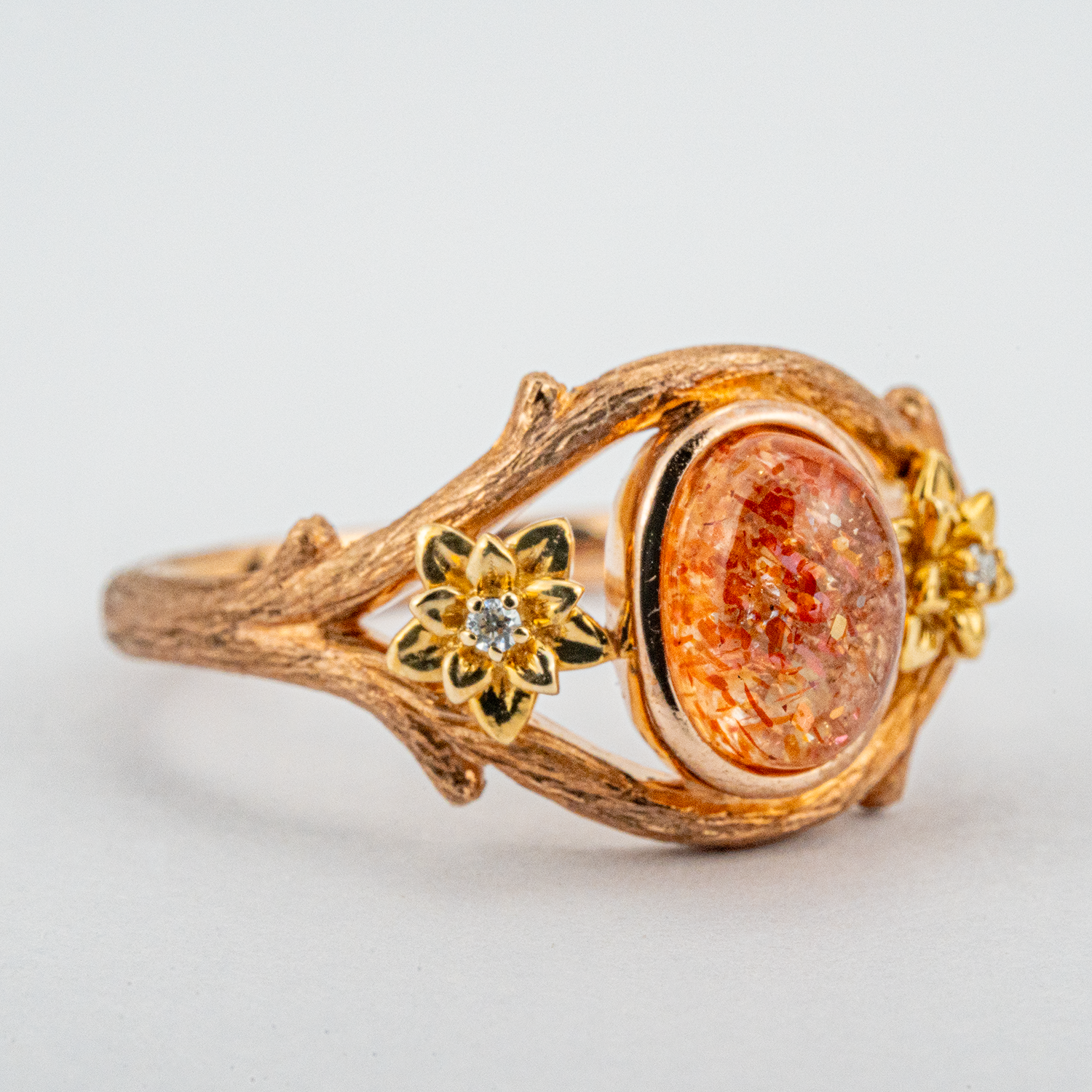 Handmade Sunstone Texture Gold Leaf Ring Engagement/Wedding.