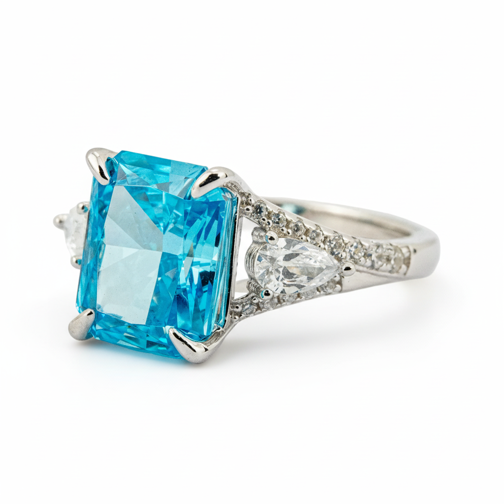 Sparkling Blue Zircon Stone on Rose Gold Ring