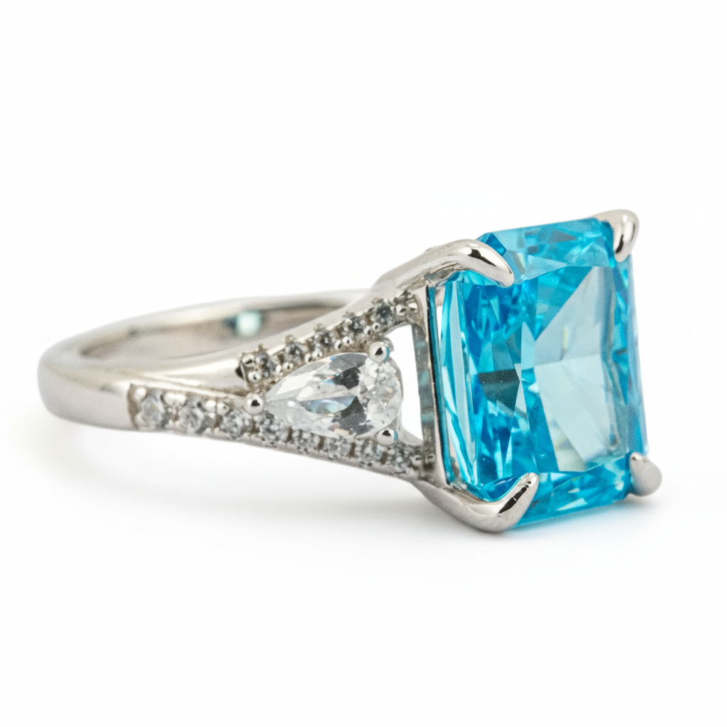 Sparkling Blue Zircon Stone on Rose Gold Ring