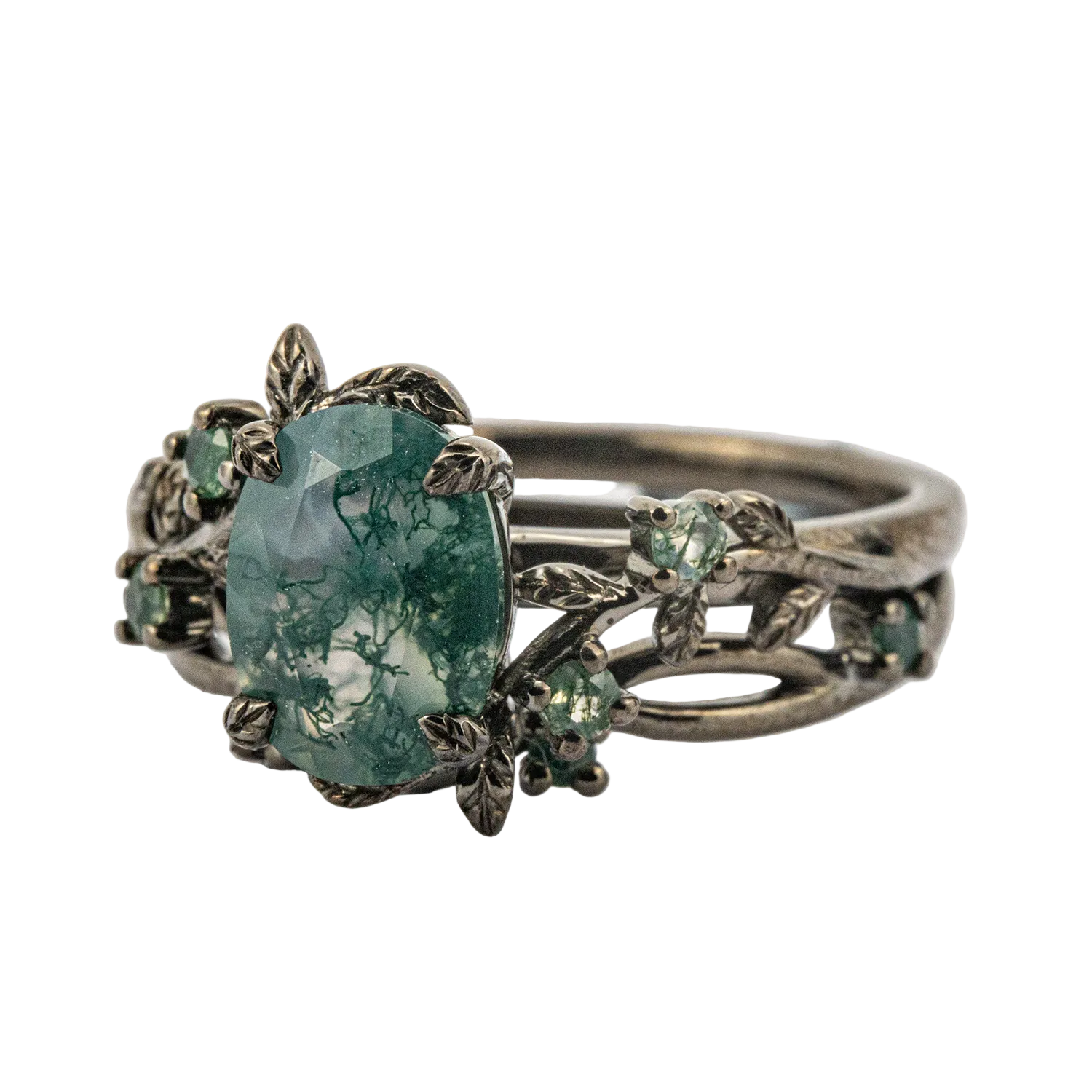 Product view of Oval Moss Agate Ring Set in Black Gold