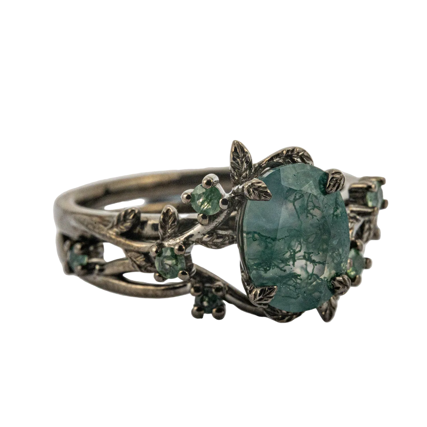Product view of Oval Moss Agate Ring Set in Black Gold