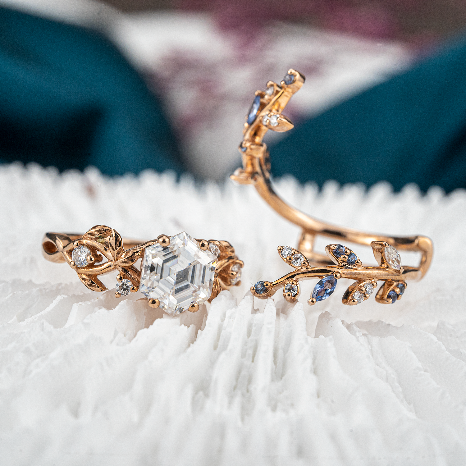 Beautiful Hexagon Moissanite Ring Set for Nature Inspired Style, Leaf Ring Included