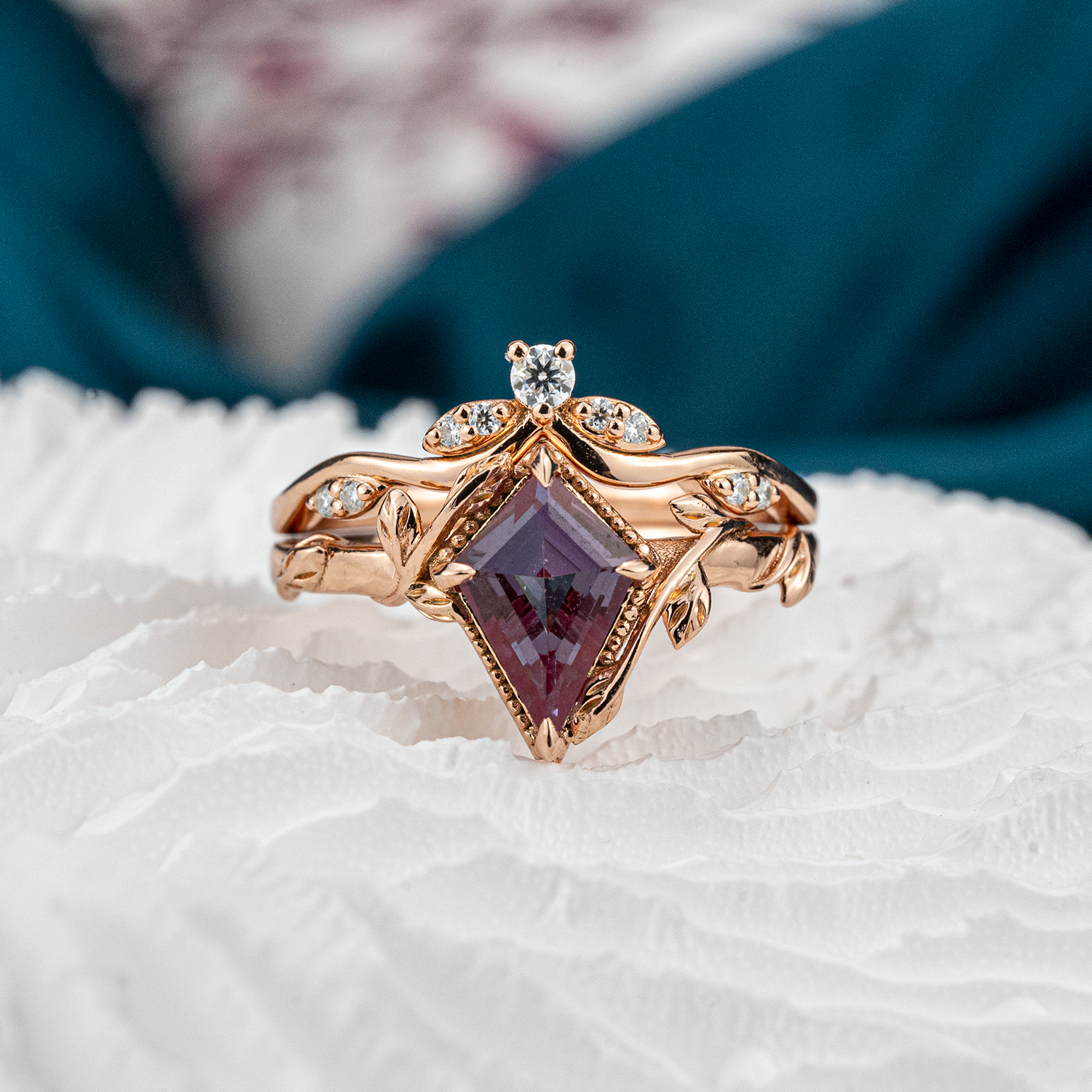 Kite Cut Alexander Engagement Leaf Ring Set Nature Inspired Design With Moissanite.