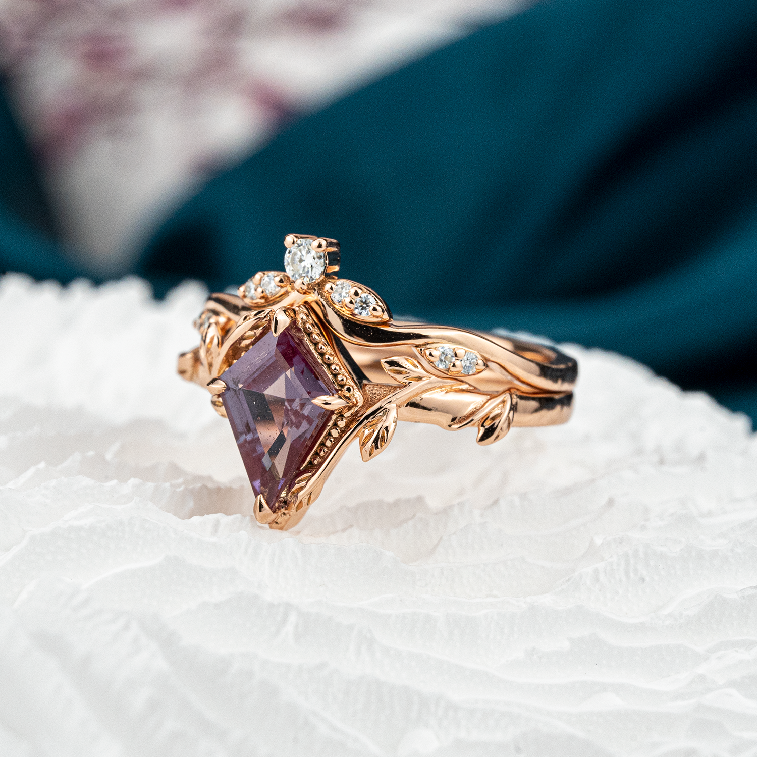 Kite Cut Alexander Engagement Leaf Ring Set Nature Inspired Design With Moissanite.