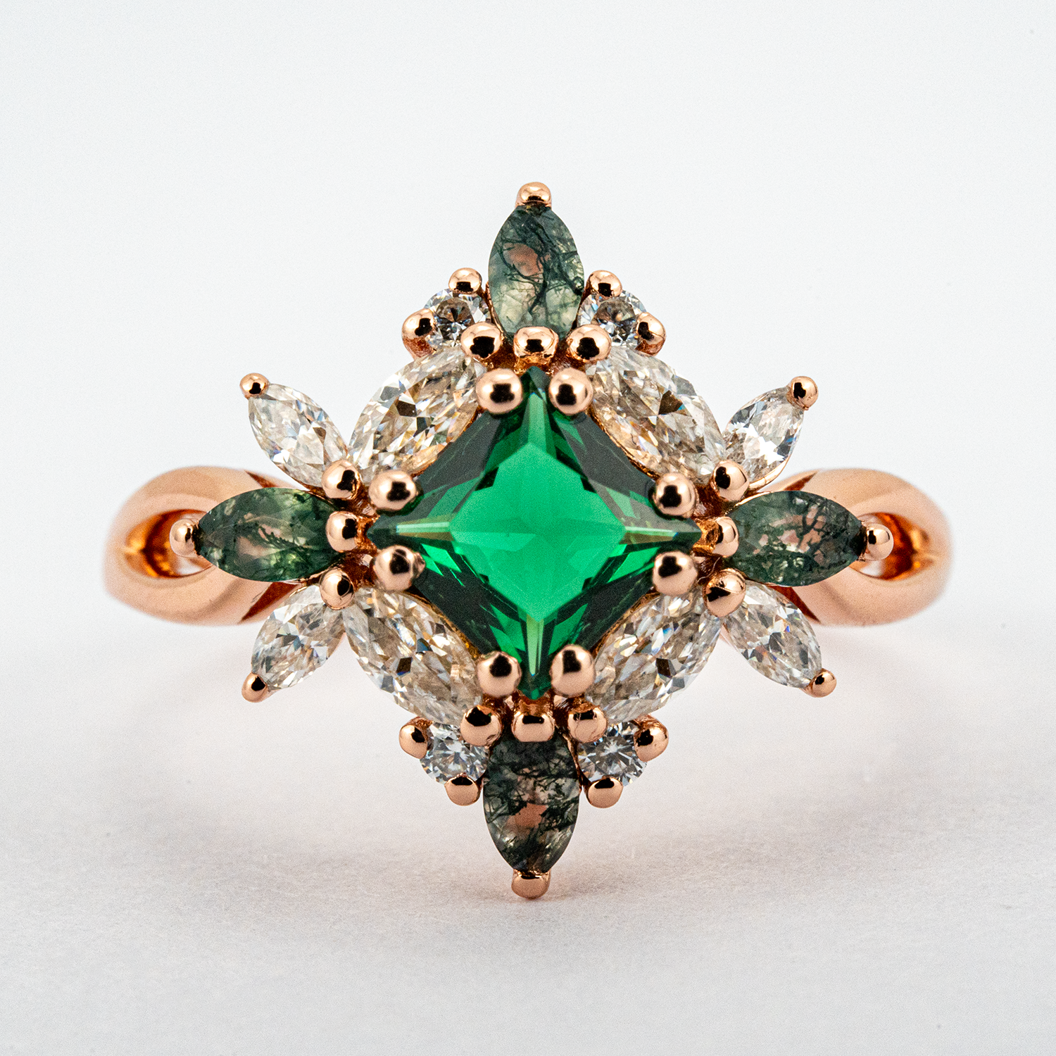 Princess Lab Emerald With Lab Sapphire&Moissanite Gold Ring.