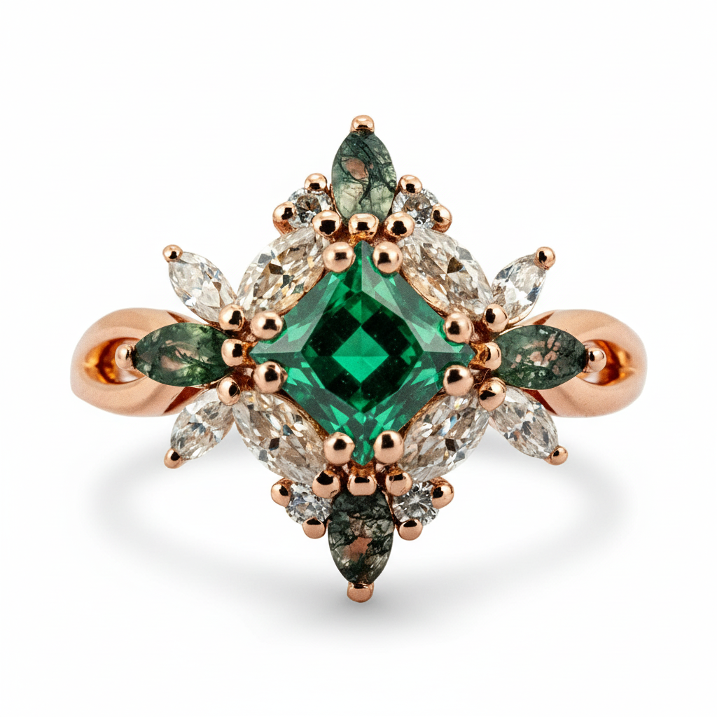 Princess Lab Emerald With Lab Sapphire&Moissanite Gold Ring.