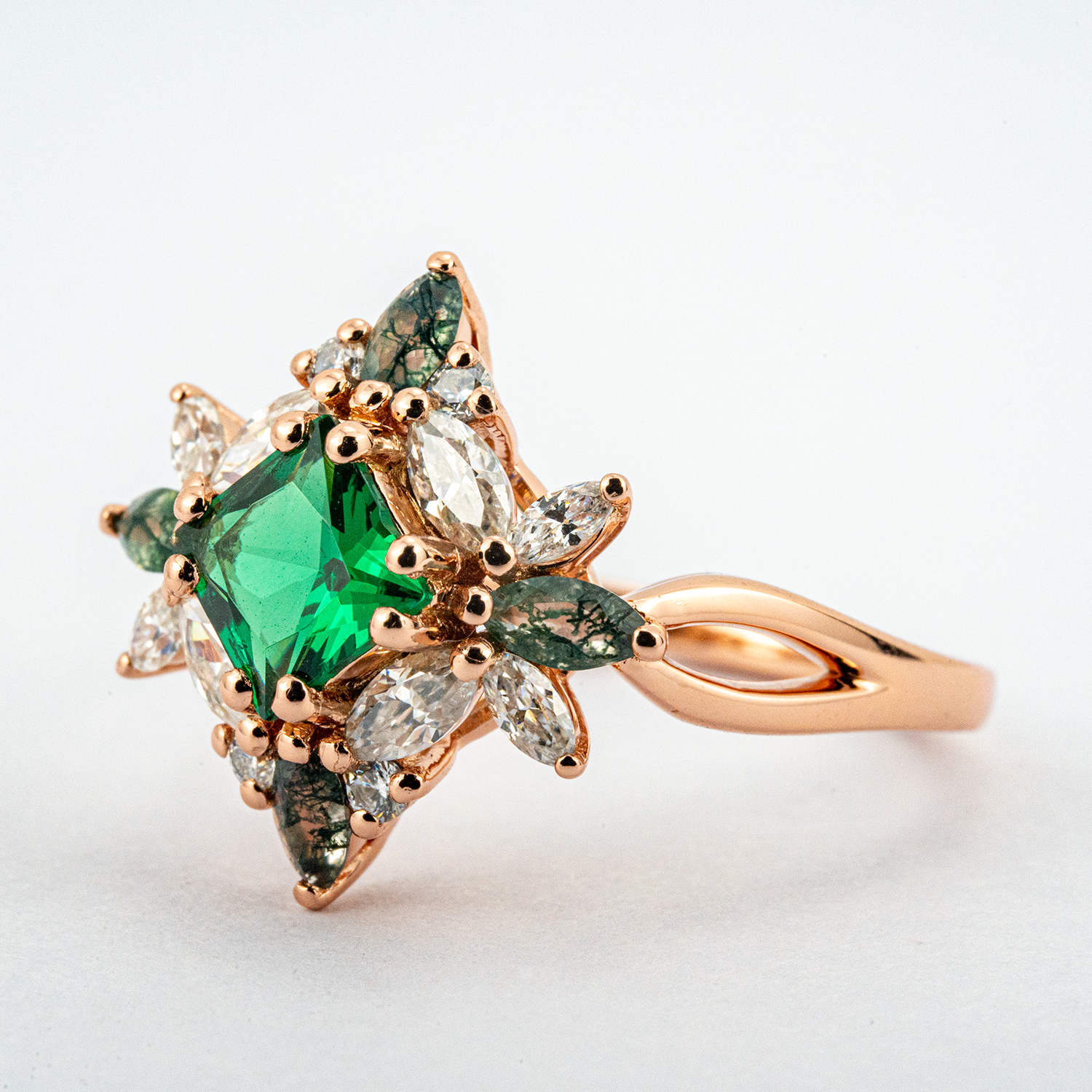 Princess Lab Emerald With Lab Sapphire&Moissanite Gold Ring.
