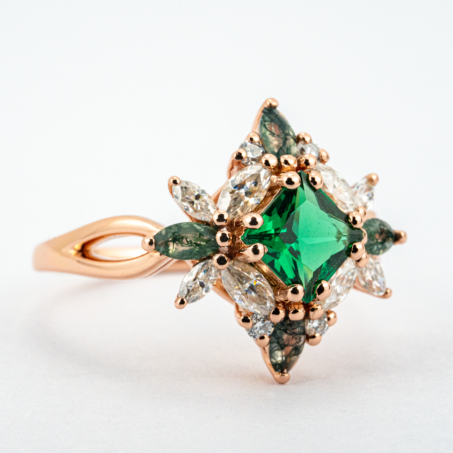 Princess Lab Emerald With Lab Sapphire&Moissanite Gold Ring.