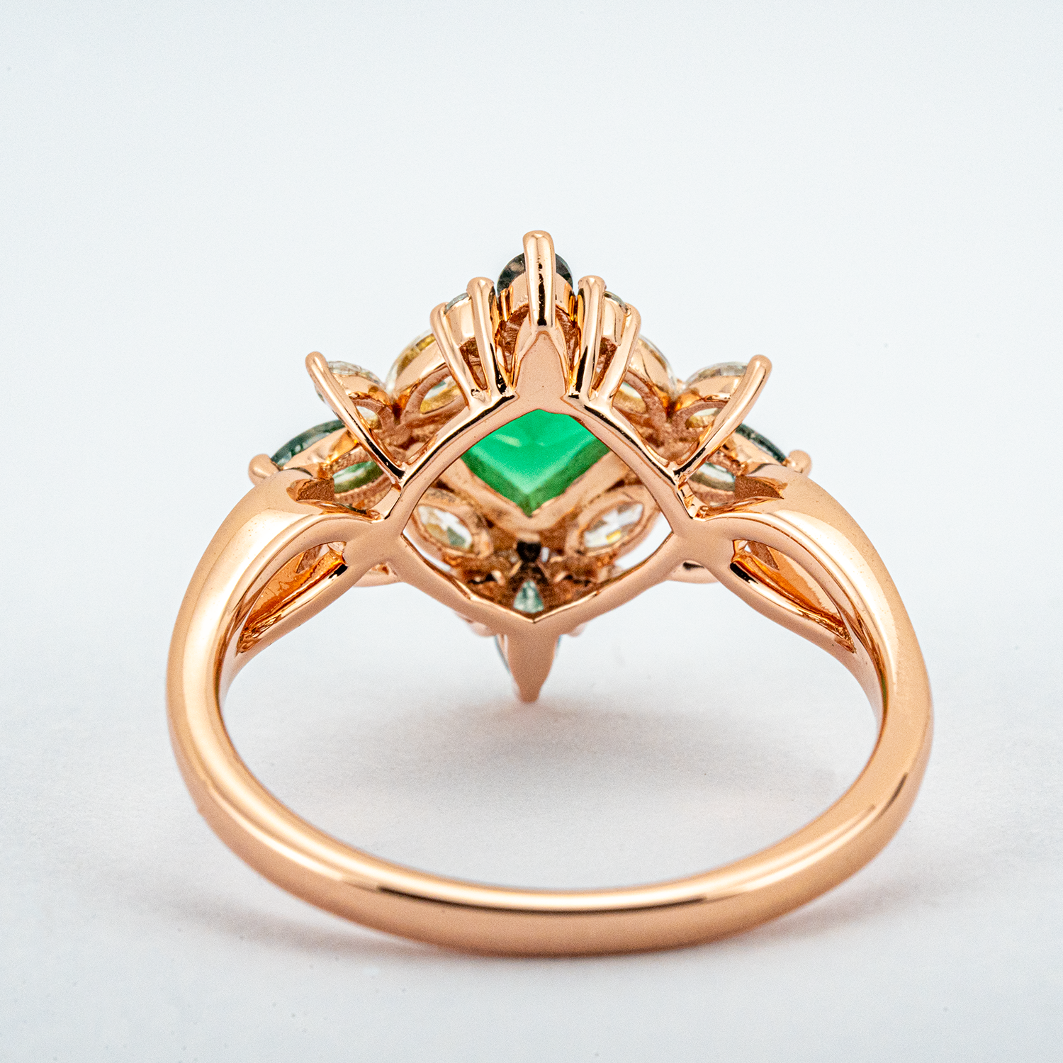Princess Lab Emerald With Lab Sapphire&Moissanite Gold Ring.