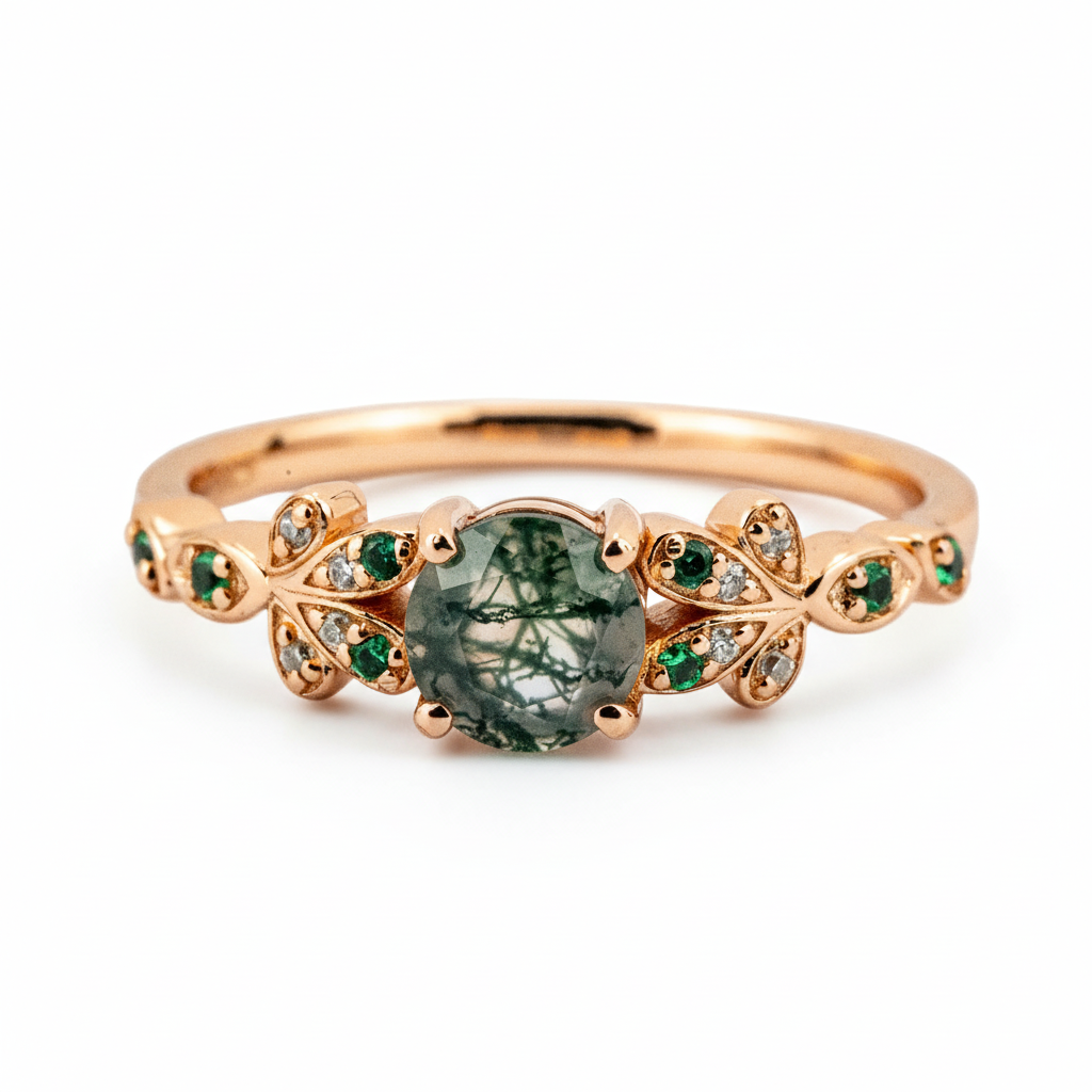 Front view of Round Moss Agate Ring in Rose Gold