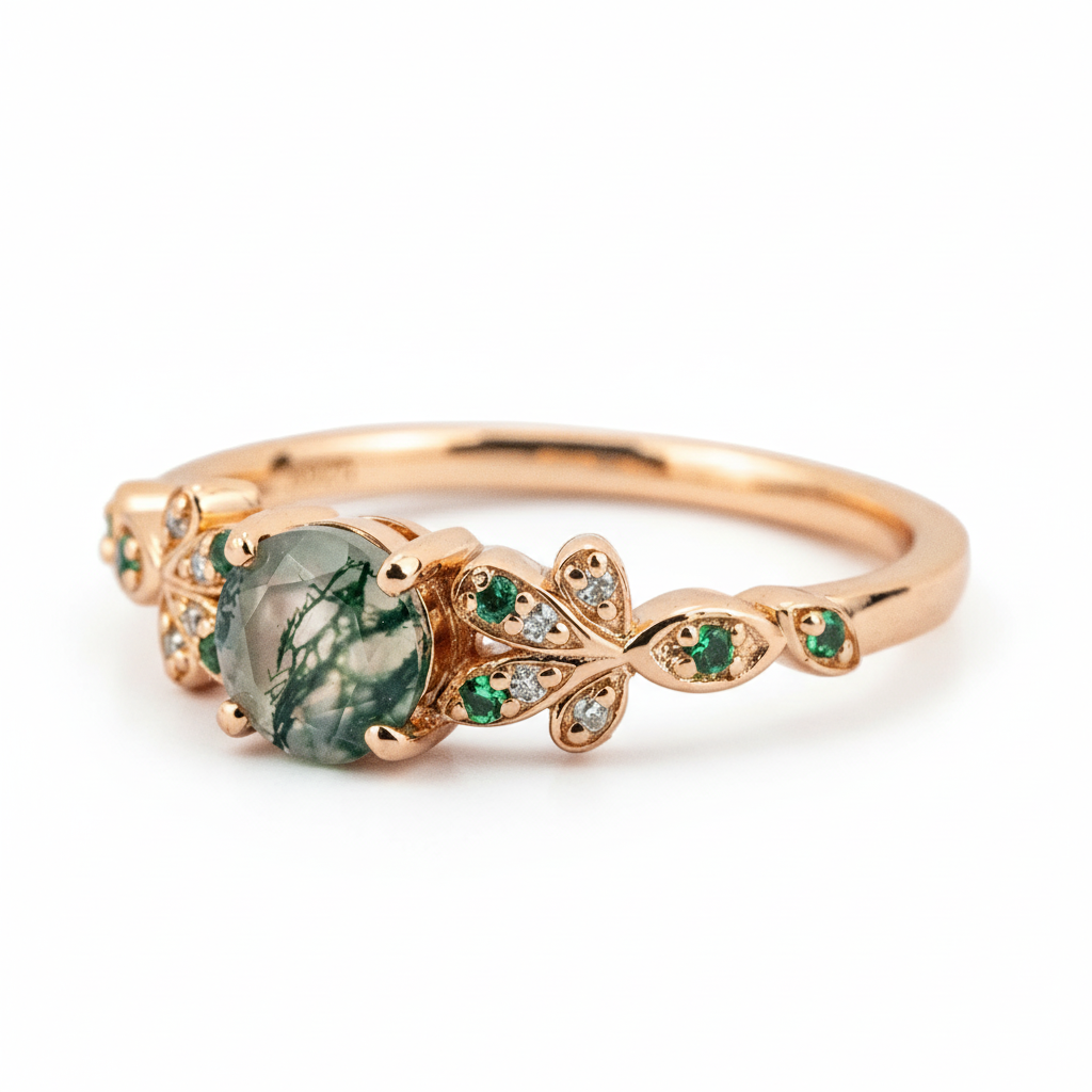 Product view of Round Moss Agate Ring in Rose Gold