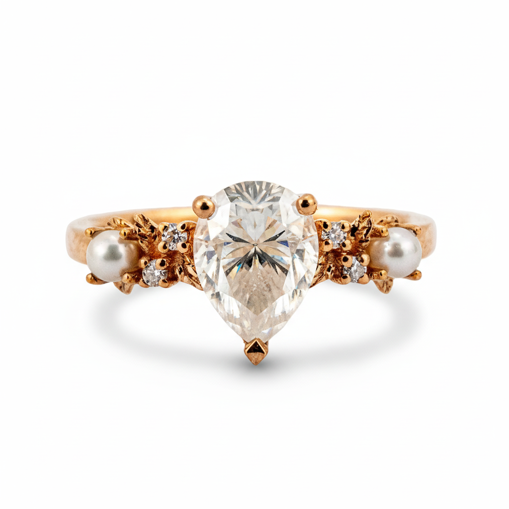 Pear Mossianite Engagement Ring with Pearl - Stunning Anniversary Rings