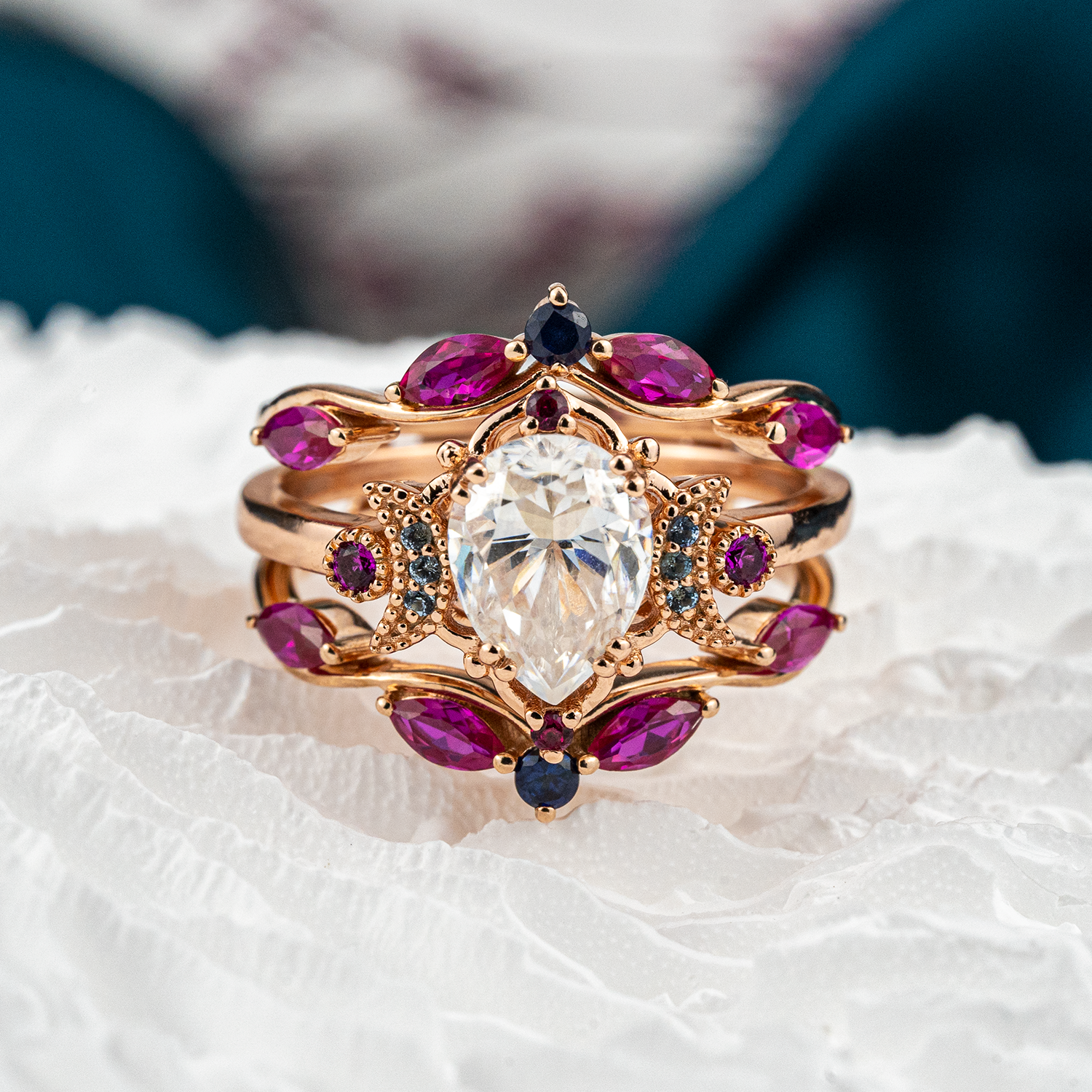 Luxurious Amethyst and Moissanite Wedding Ring Set