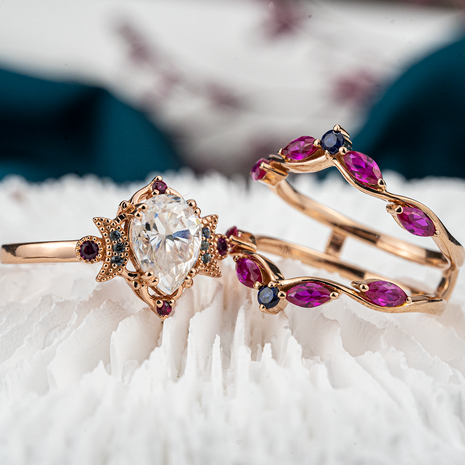 Luxurious Amethyst and Moissanite Wedding Ring Set