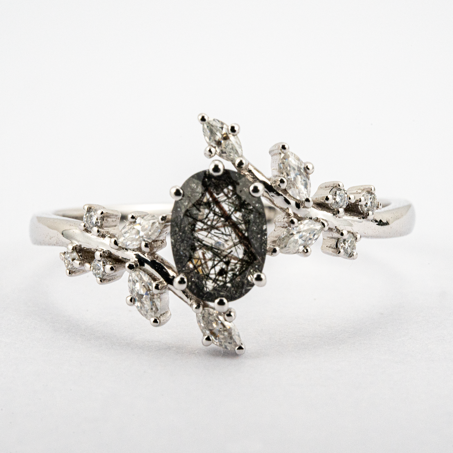 Oval tourmaline white gold leaf ring - elegant jewelry accessory