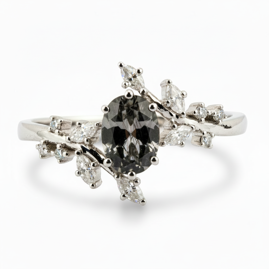 Oval tourmaline white gold leaf ring - elegant jewelry accessory
