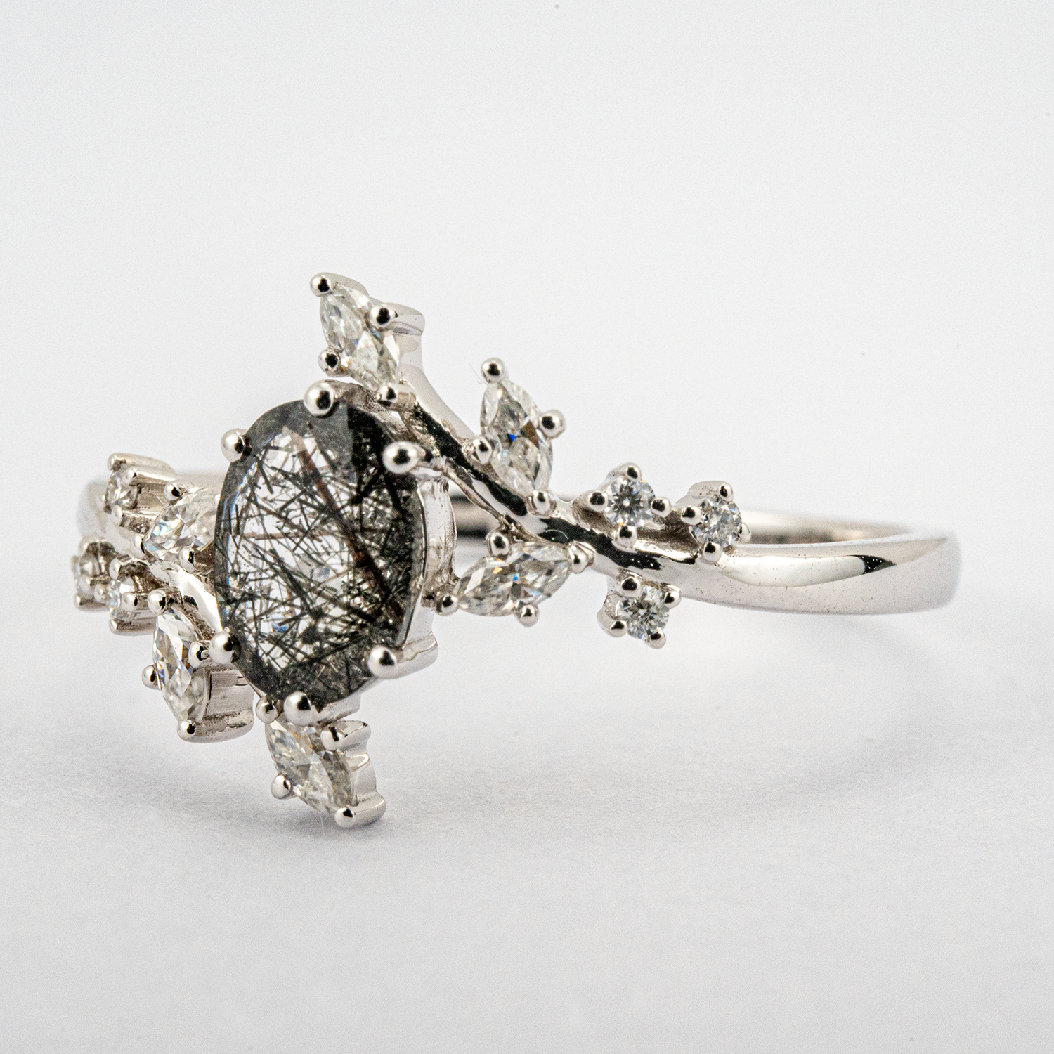 Oval tourmaline white gold leaf ring - elegant jewelry accessory