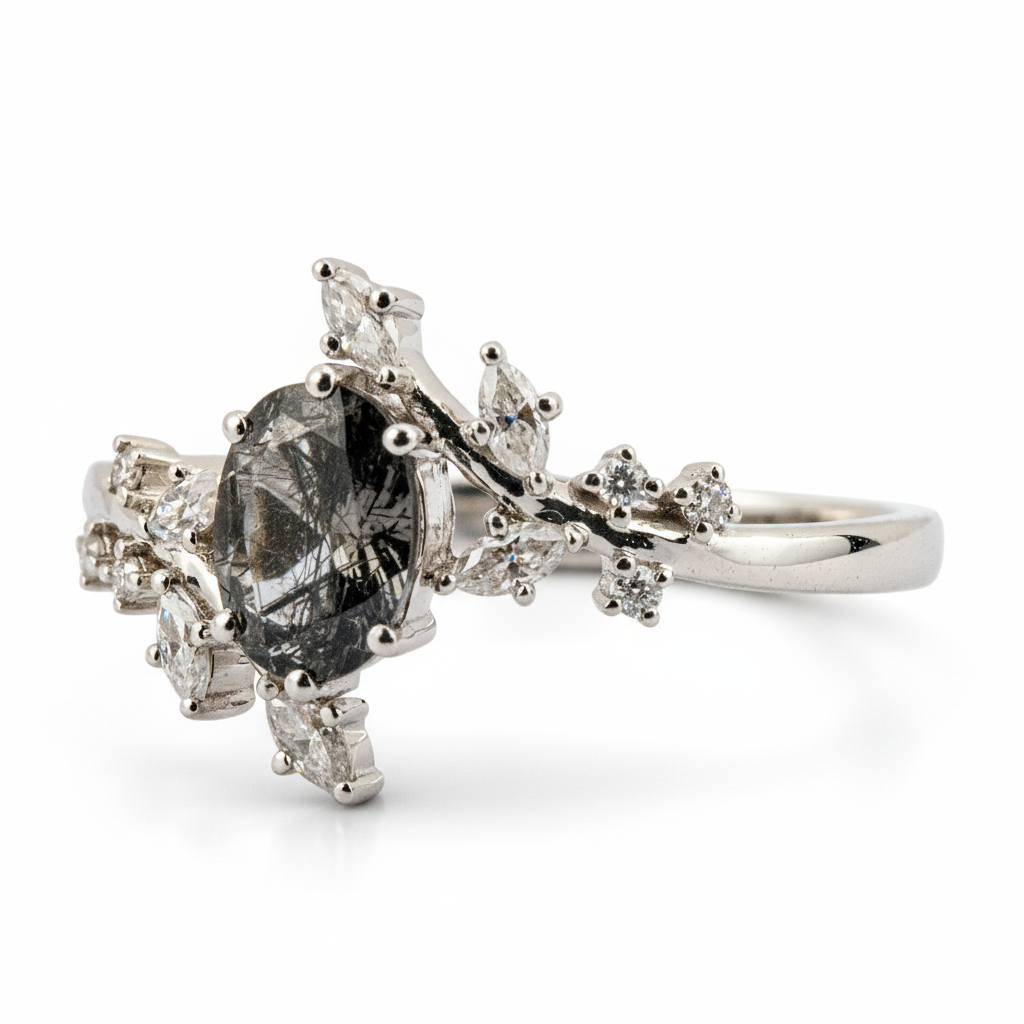 Product view of Oval Black Rutilated Quartz Engagement Ring in White Gold