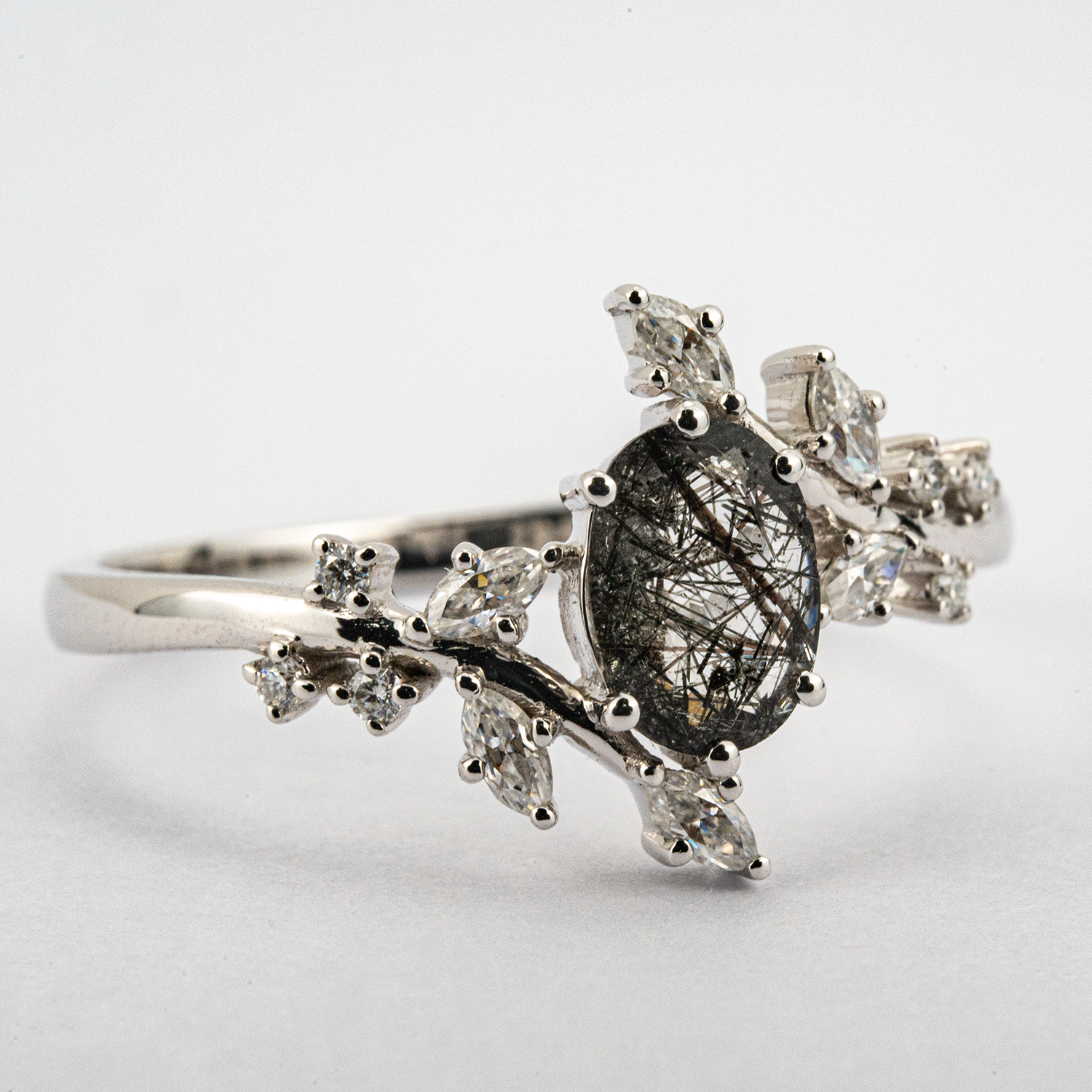 Oval tourmaline white gold leaf ring - elegant jewelry accessory