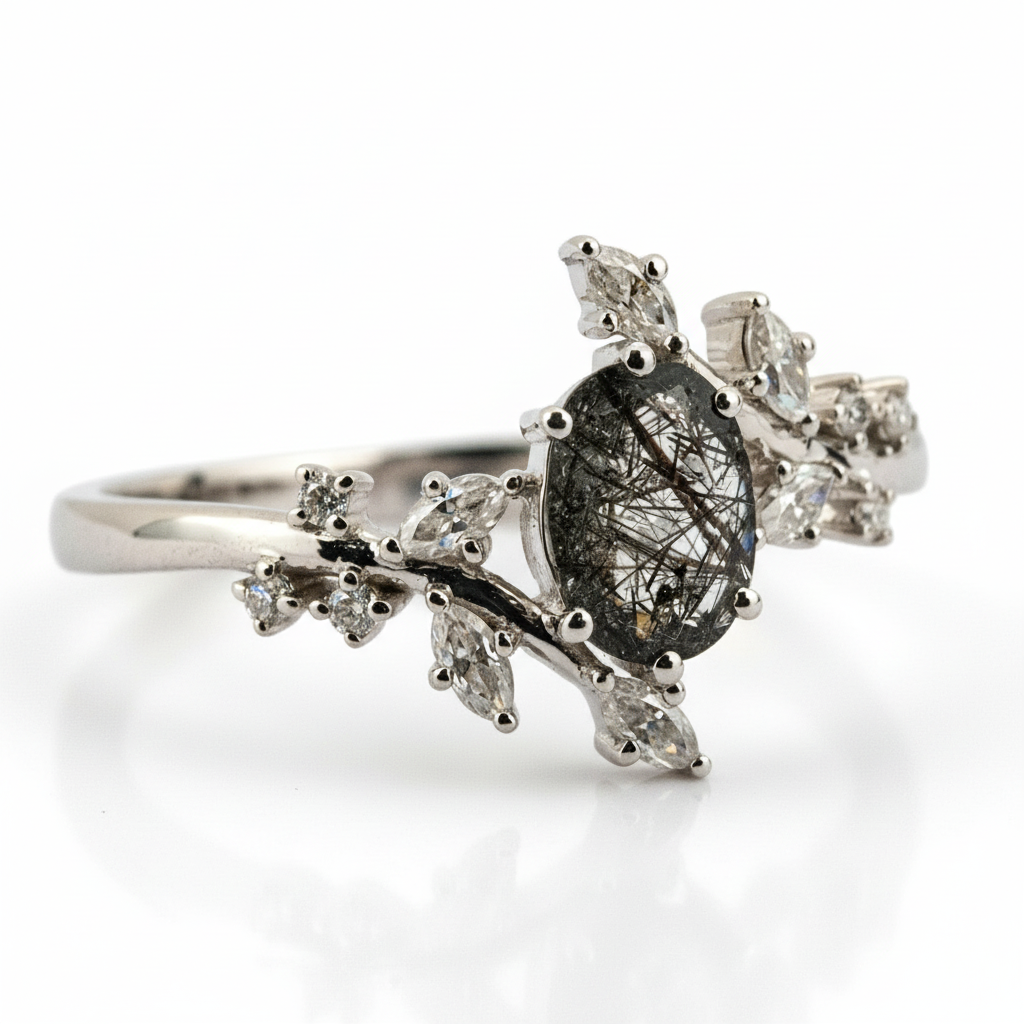 Product view of Oval Black Rutilated Quartz Engagement Ring in White Gold