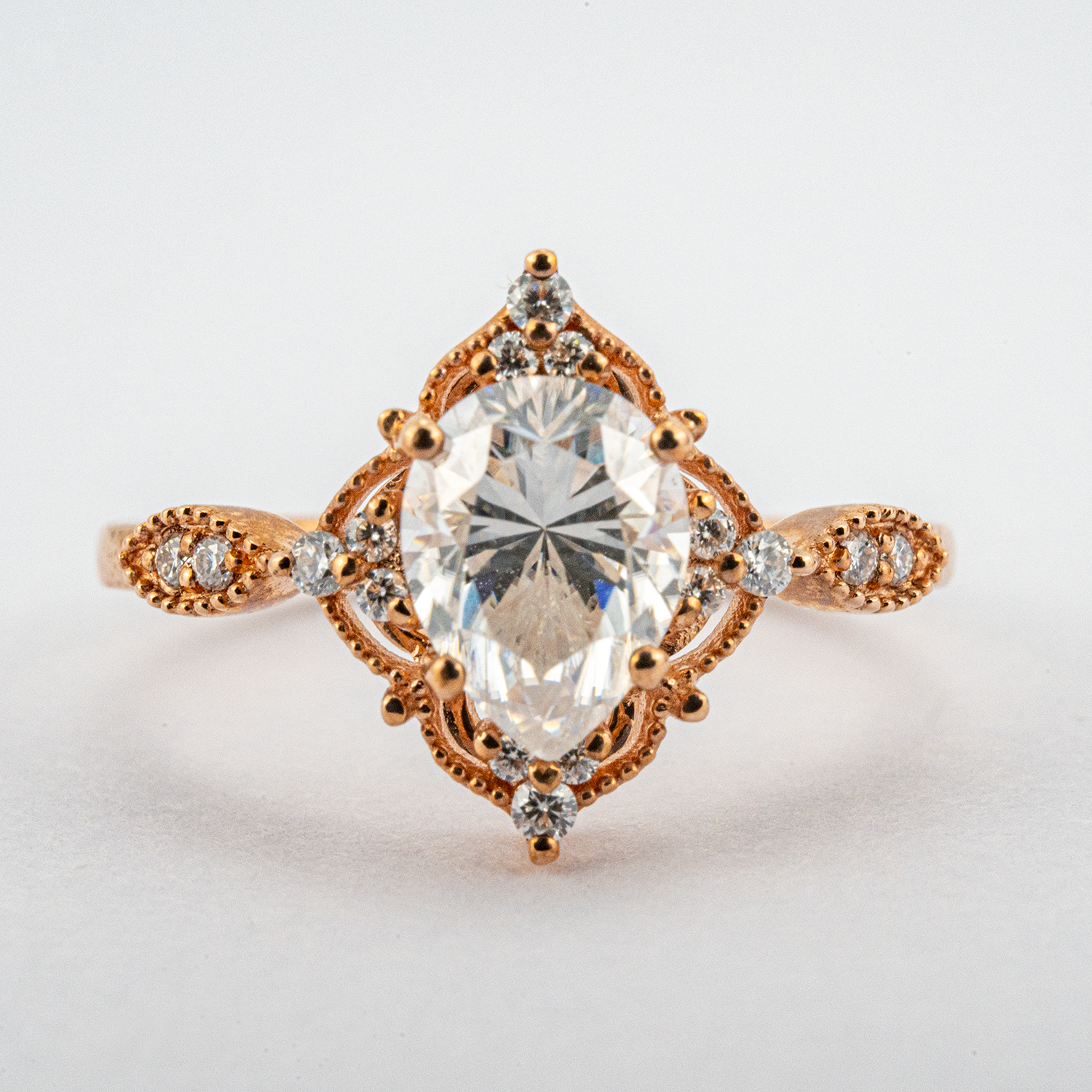 Exquisite pear Moissanite ring in stunning rose gold, perfect for vintage-inspired engagement