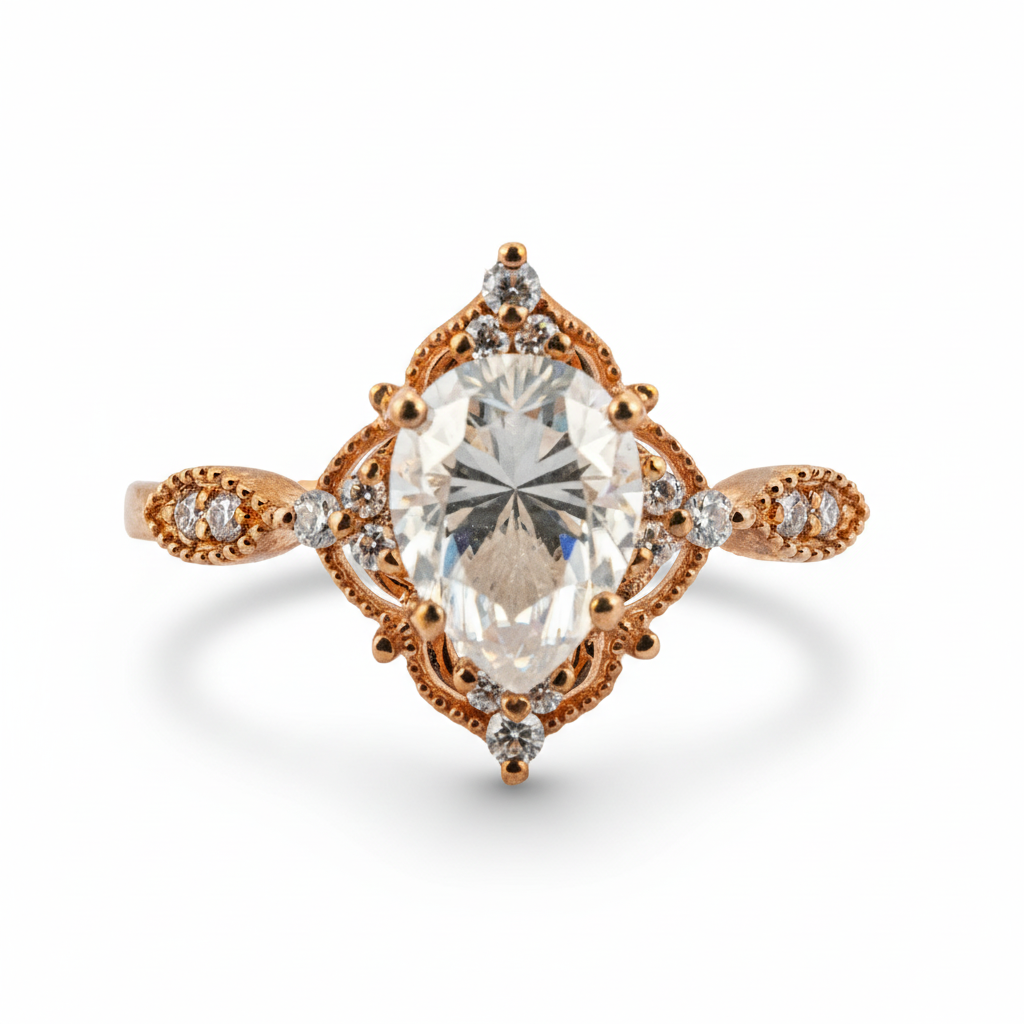 Exquisite pear Moissanite ring in stunning rose gold, perfect for vintage-inspired engagement