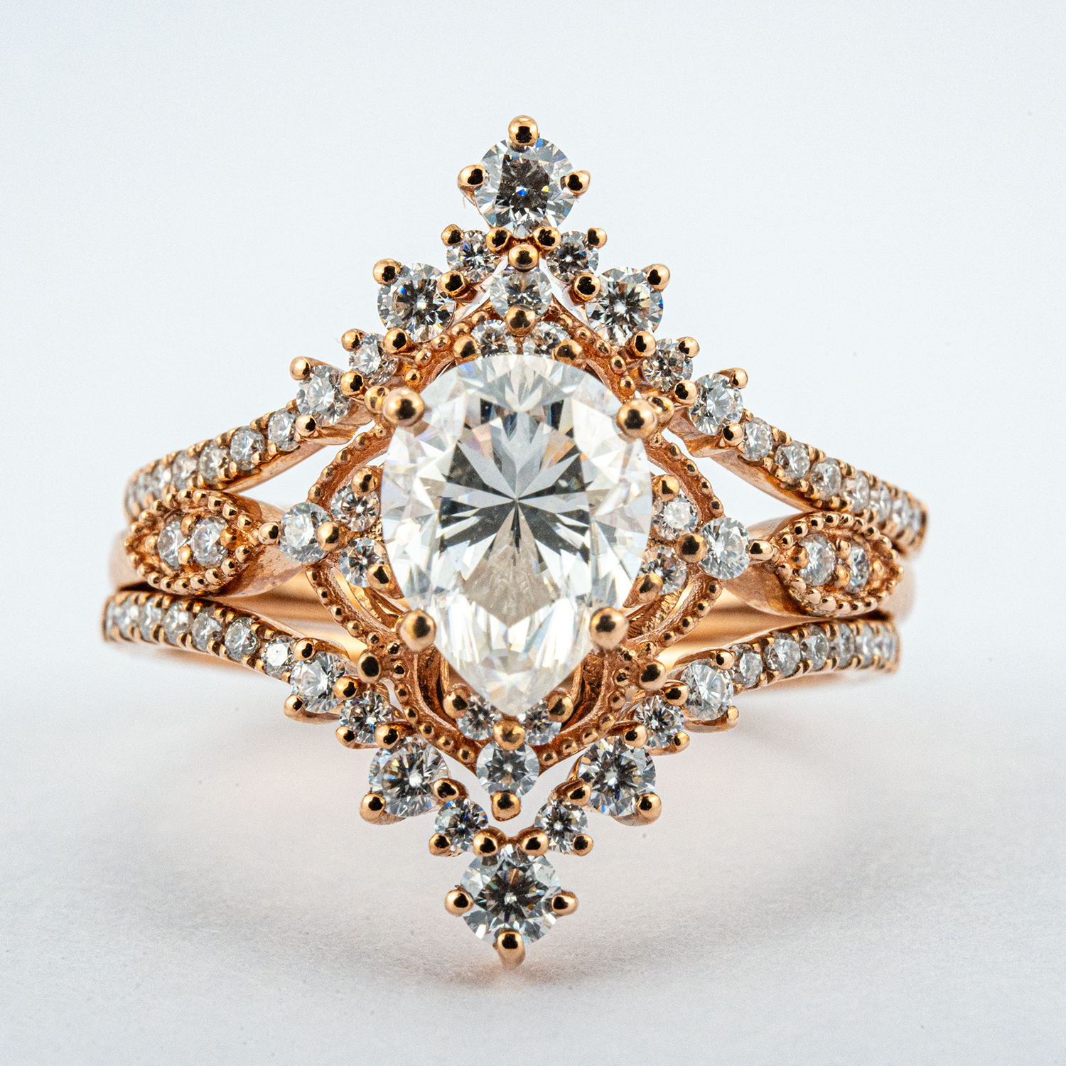 Luxurious rose gold moissanite engagement ring set for an elegant proposal