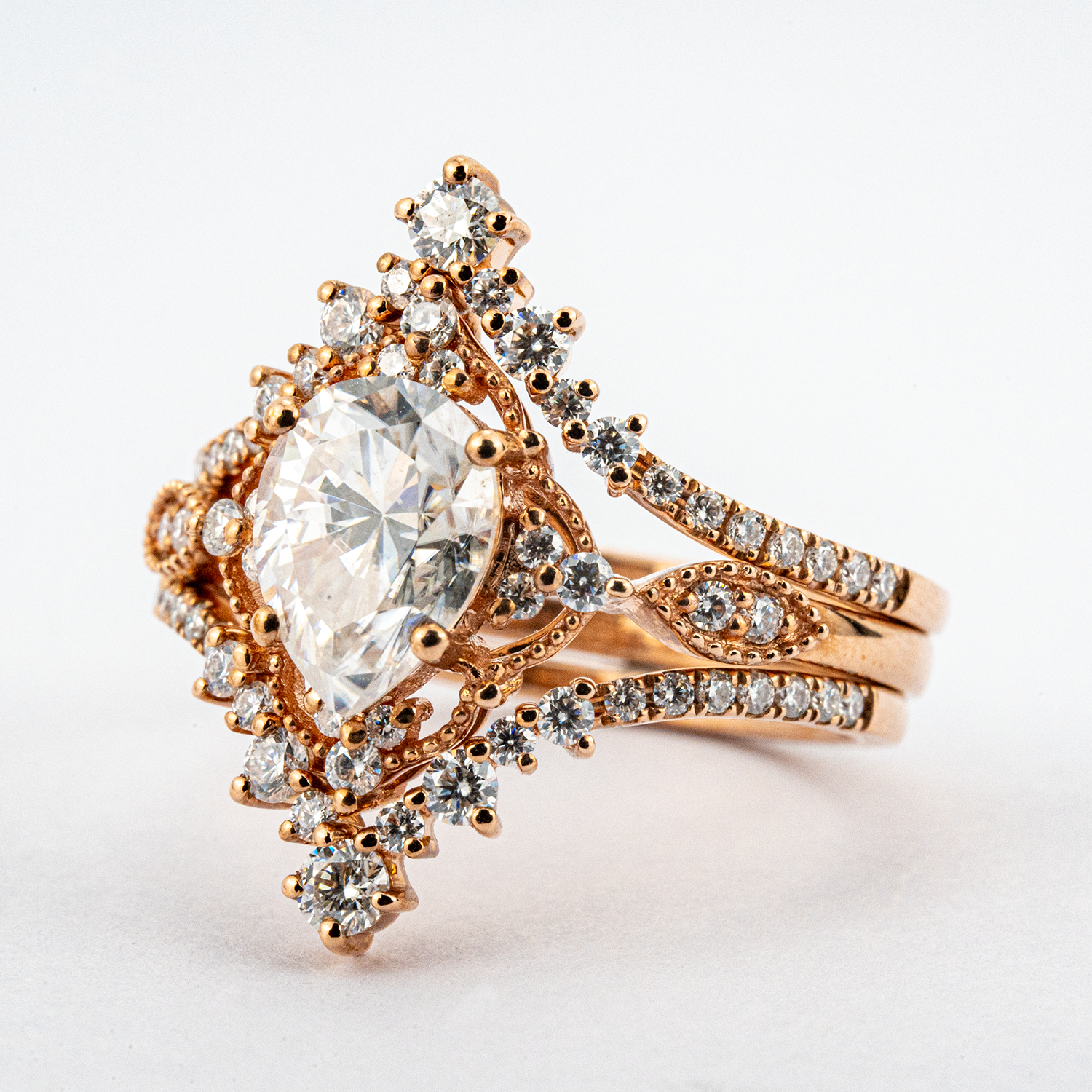 Luxurious rose gold moissanite engagement ring set for an elegant proposal