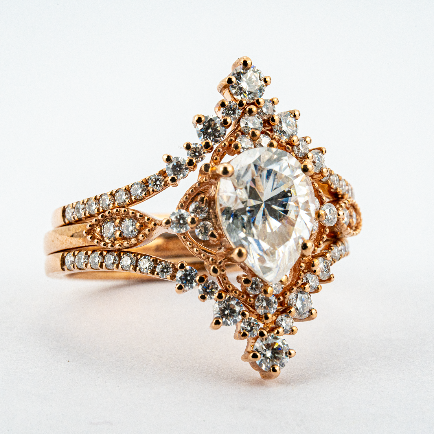 Luxurious rose gold moissanite engagement ring set for an elegant proposal