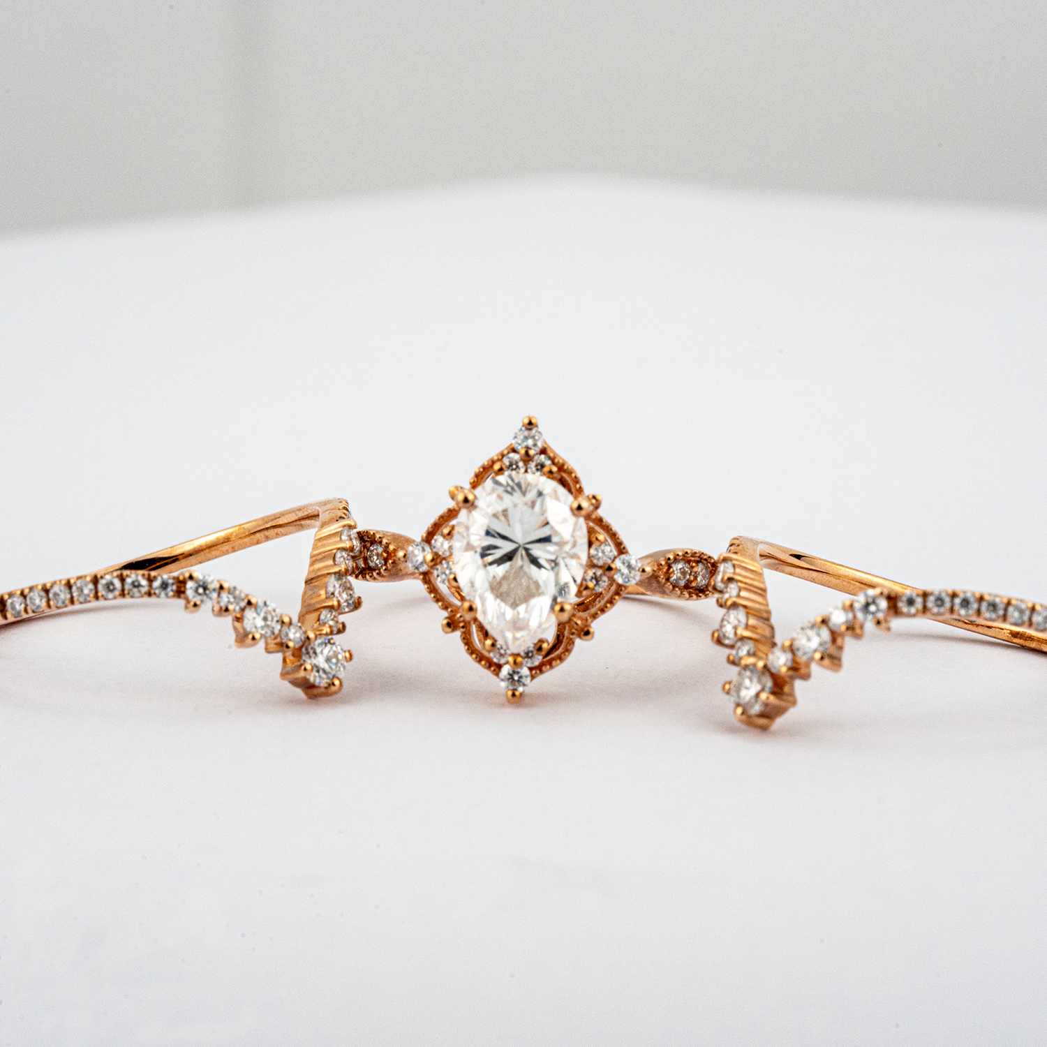 Luxurious rose gold moissanite engagement ring set for an elegant proposal