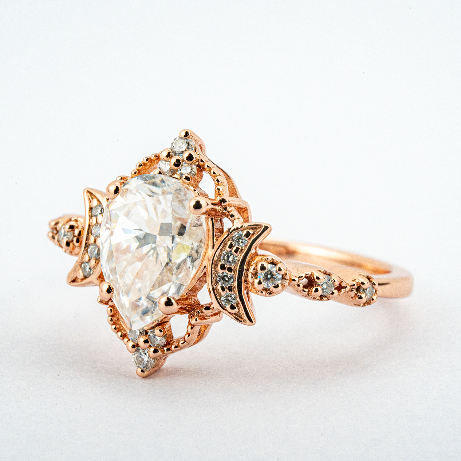Pear Moissanite Crescent Moon Engagement Ring.