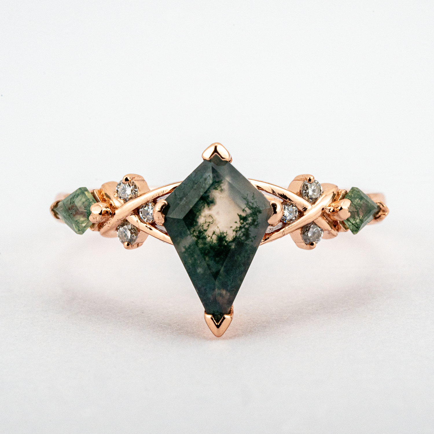 Unique Moss Agate and Moissanite Gemstone Leaf Ring for Women - Organic Nature Inspired Jewelry