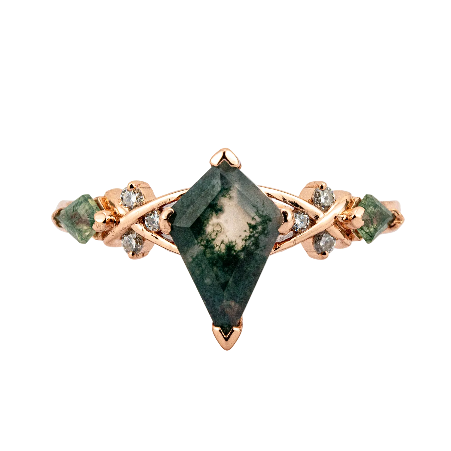 Front view of Kite Cut Moss Agate Ring in Rose Gold
