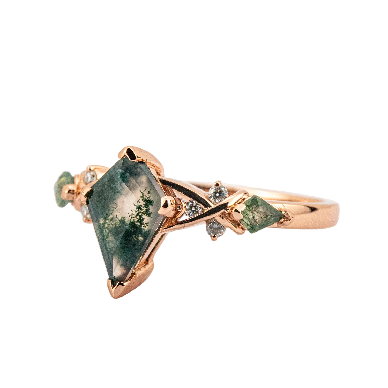 Product view of Kite Cut Moss Agate Ring in Rose Gold