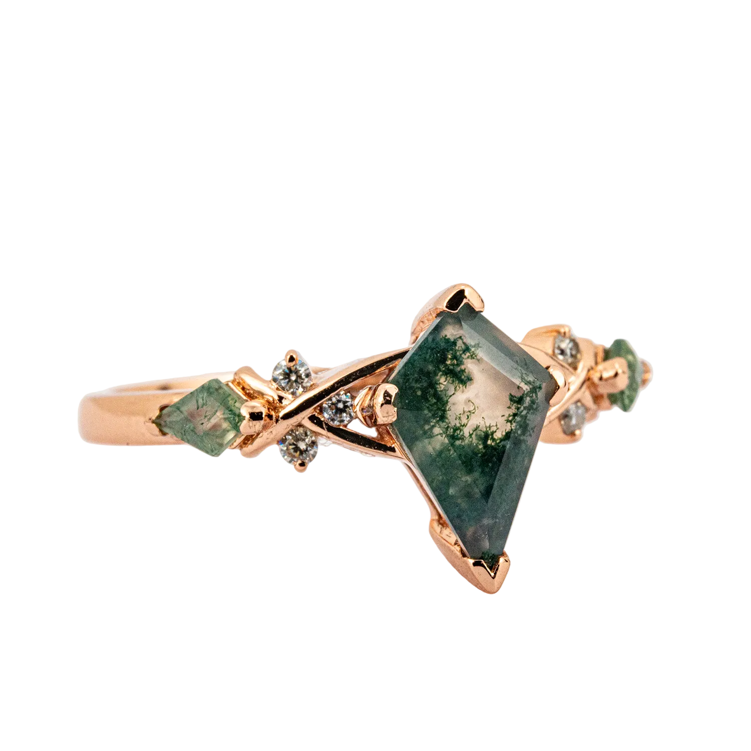 Product view of Kite Cut Moss Agate Ring in Rose Gold