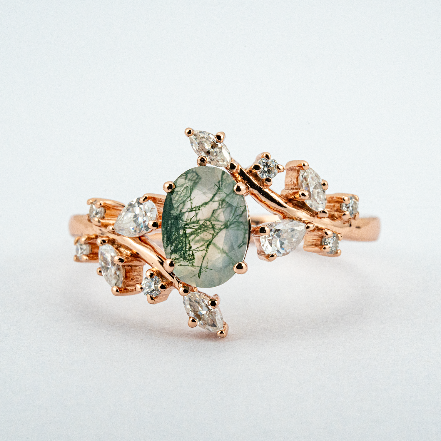 Oval Moss Agate Leaf Ring.