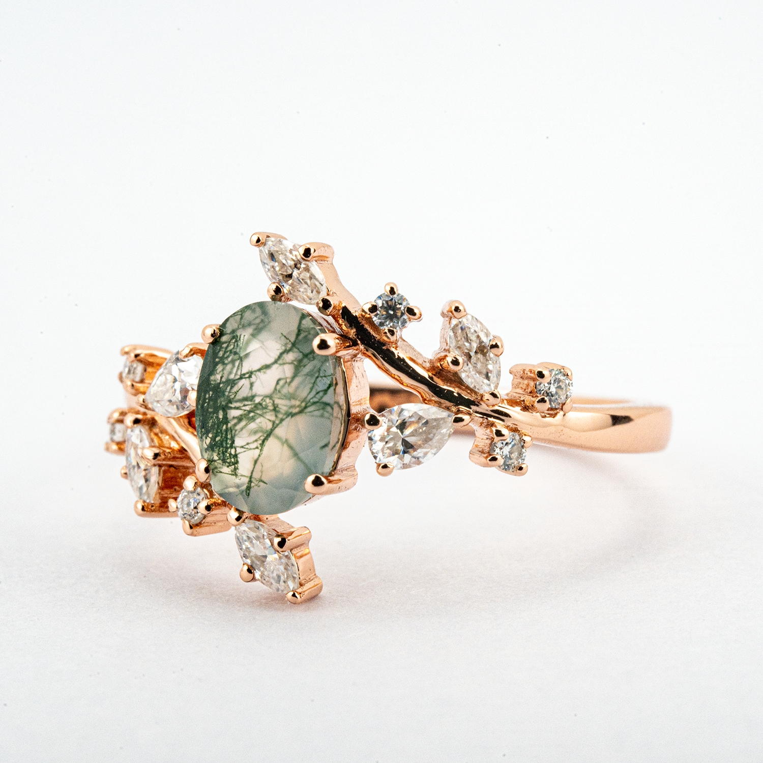 Oval Moss Agate Leaf Ring.