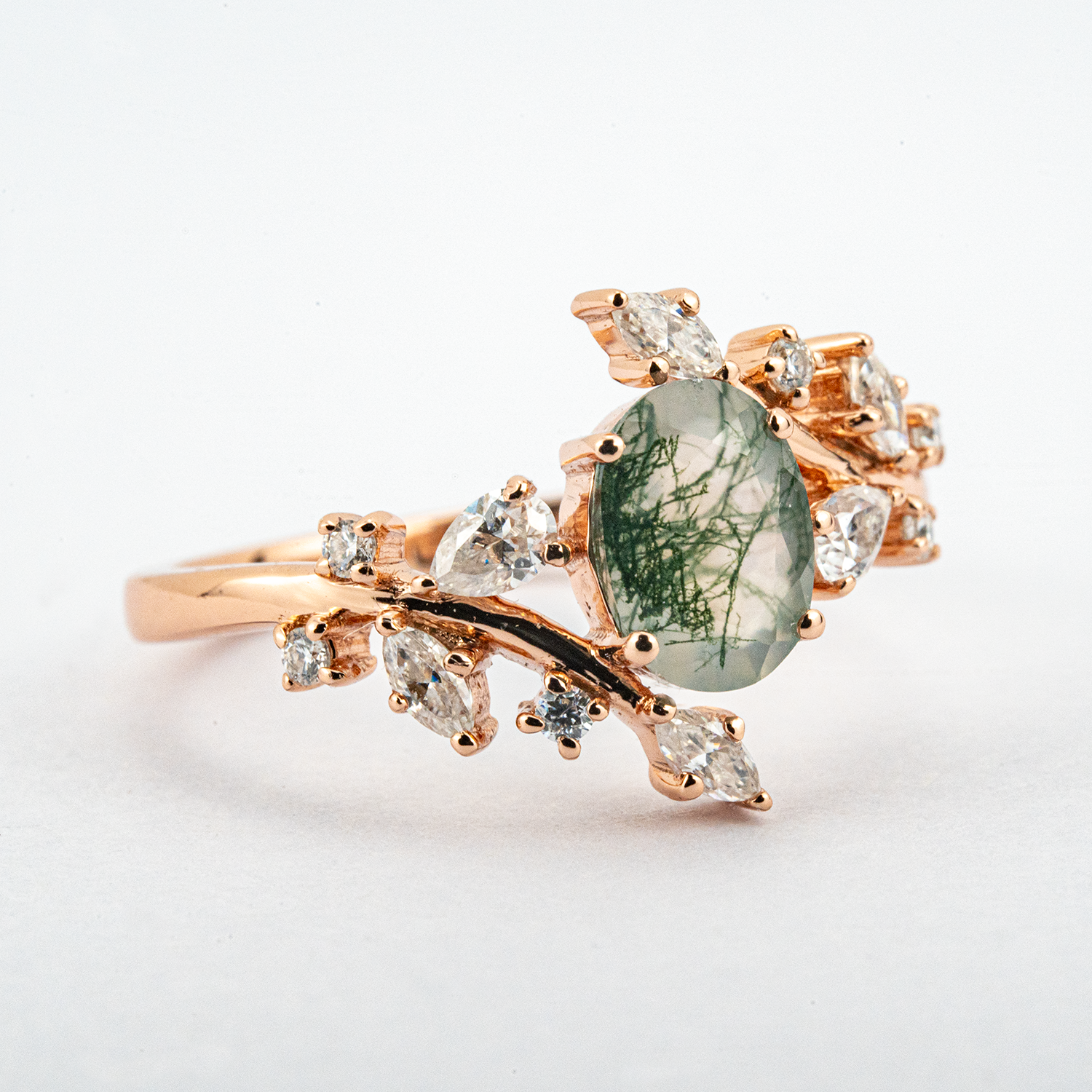 Oval Moss Agate Leaf Ring.