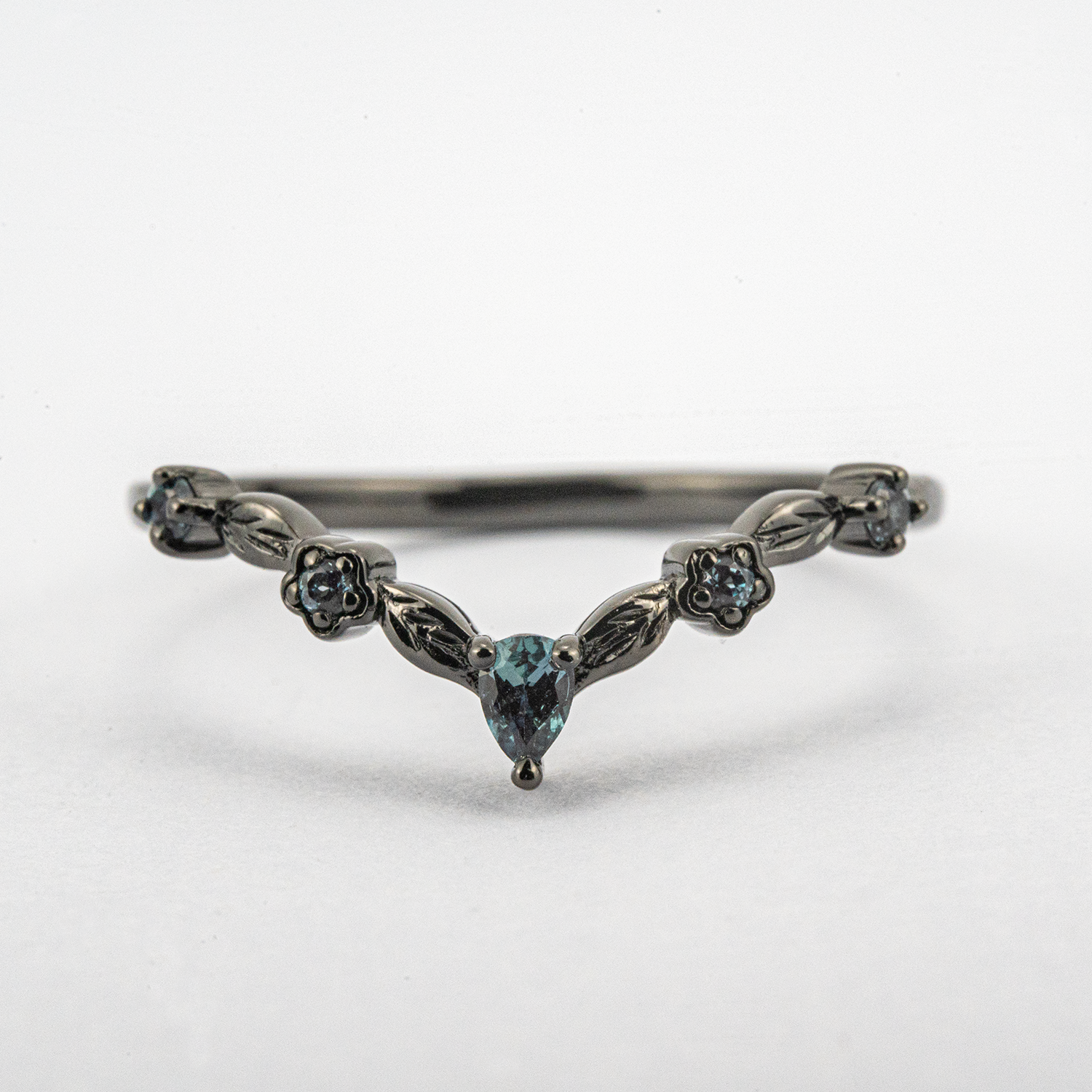 Botanical Elegance -Pear Cut Lab Alexandrite Black Gold Engagement Ring Set Floral Ring