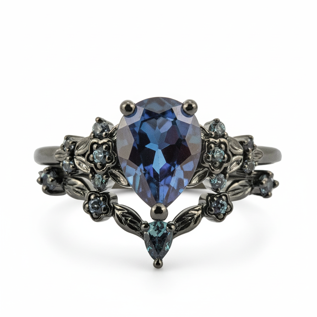 Botanical Elegance -Pear Cut Lab Alexandrite Black Gold Engagement Ring Set Floral Ring