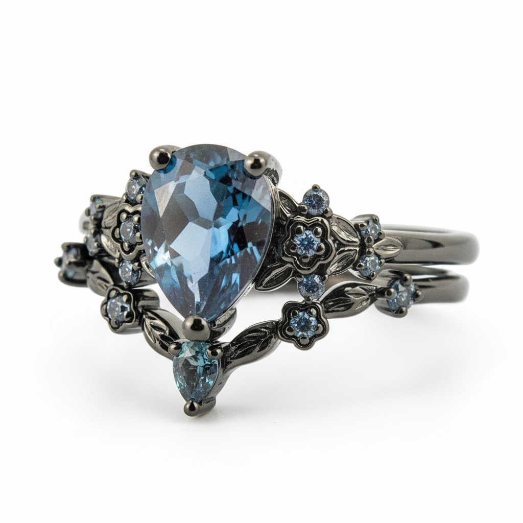 Botanical Elegance -Pear Cut Lab Alexandrite Black Gold Engagement Ring Set Floral Ring