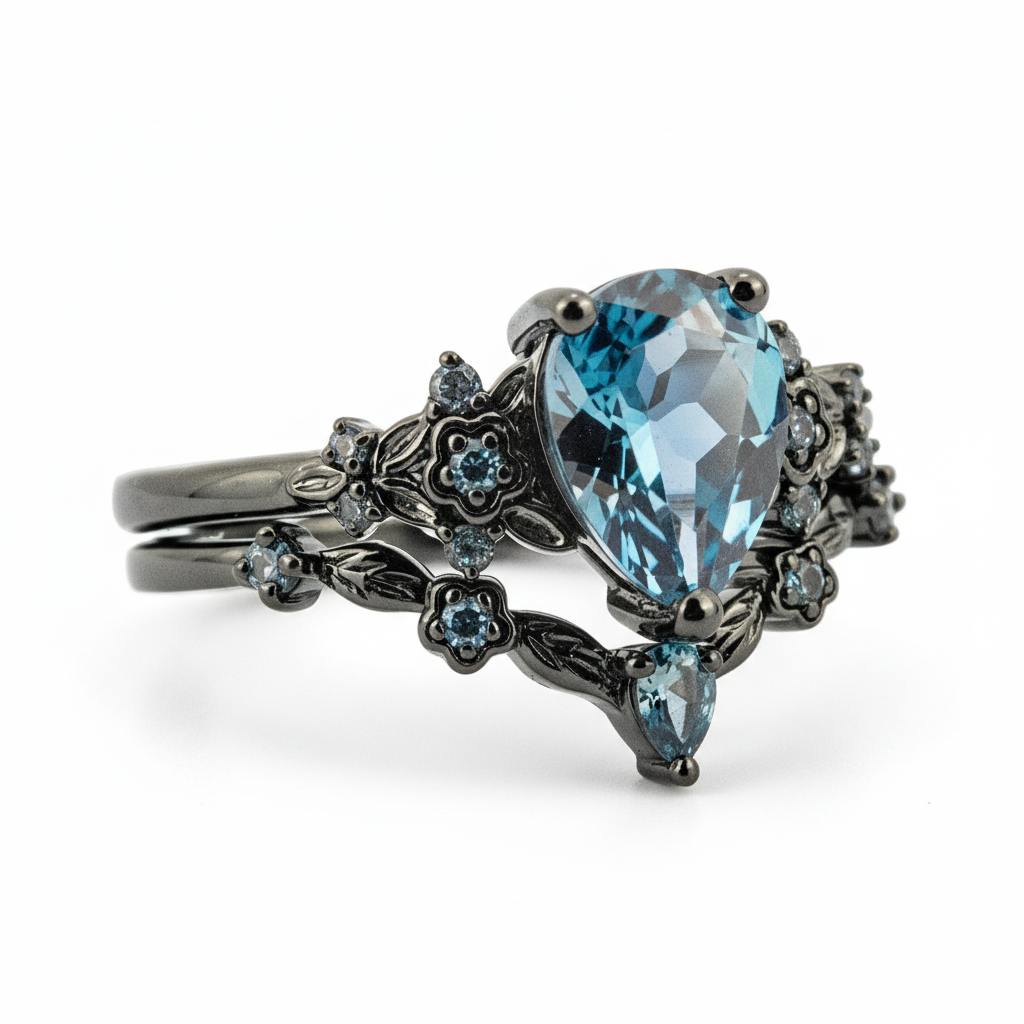 Botanical Elegance -Pear Cut Lab Alexandrite Black Gold Engagement Ring Set Floral Ring