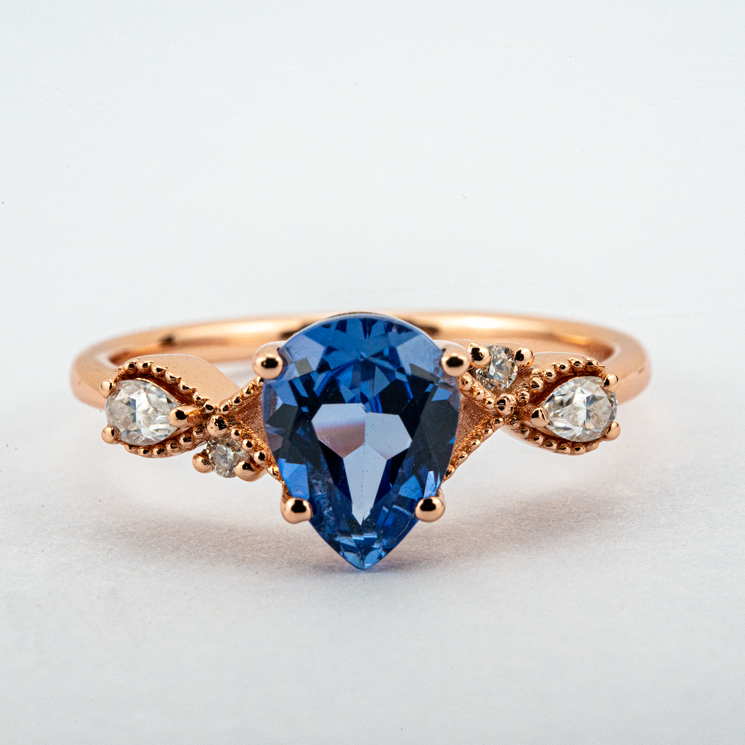 Pear Lab Sapphire Gold Ring With Moissnaite.