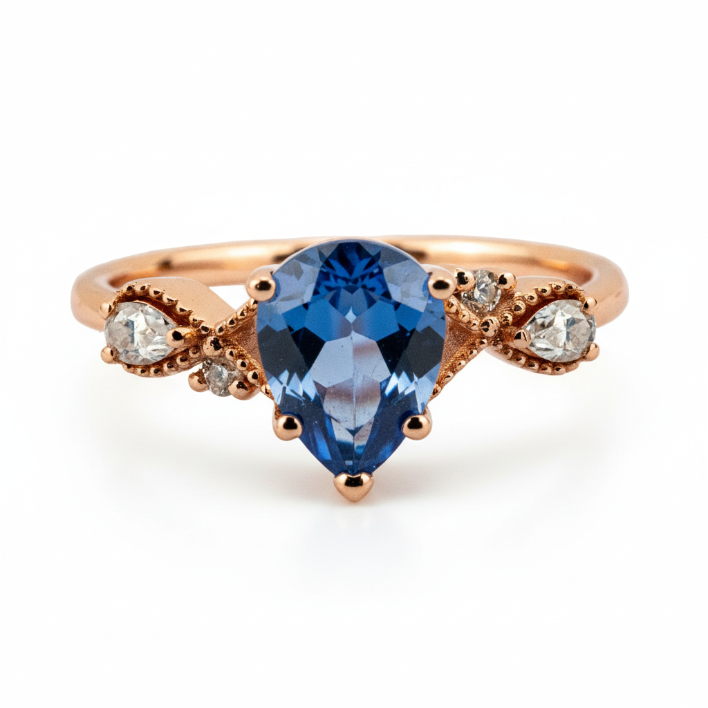 Pear Lab Sapphire Gold Ring With Moissnaite.