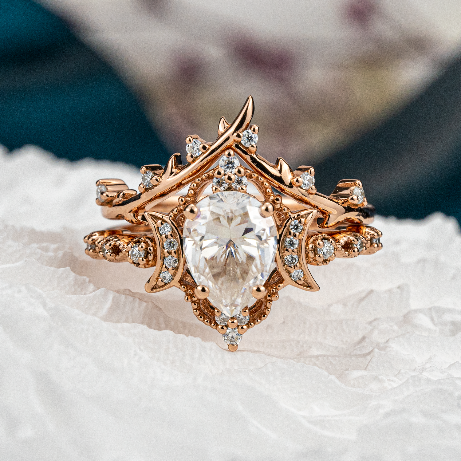 Elegant jewelry set with Pear Moissanite and Leaf design, perfect for special occasions or everyday wear