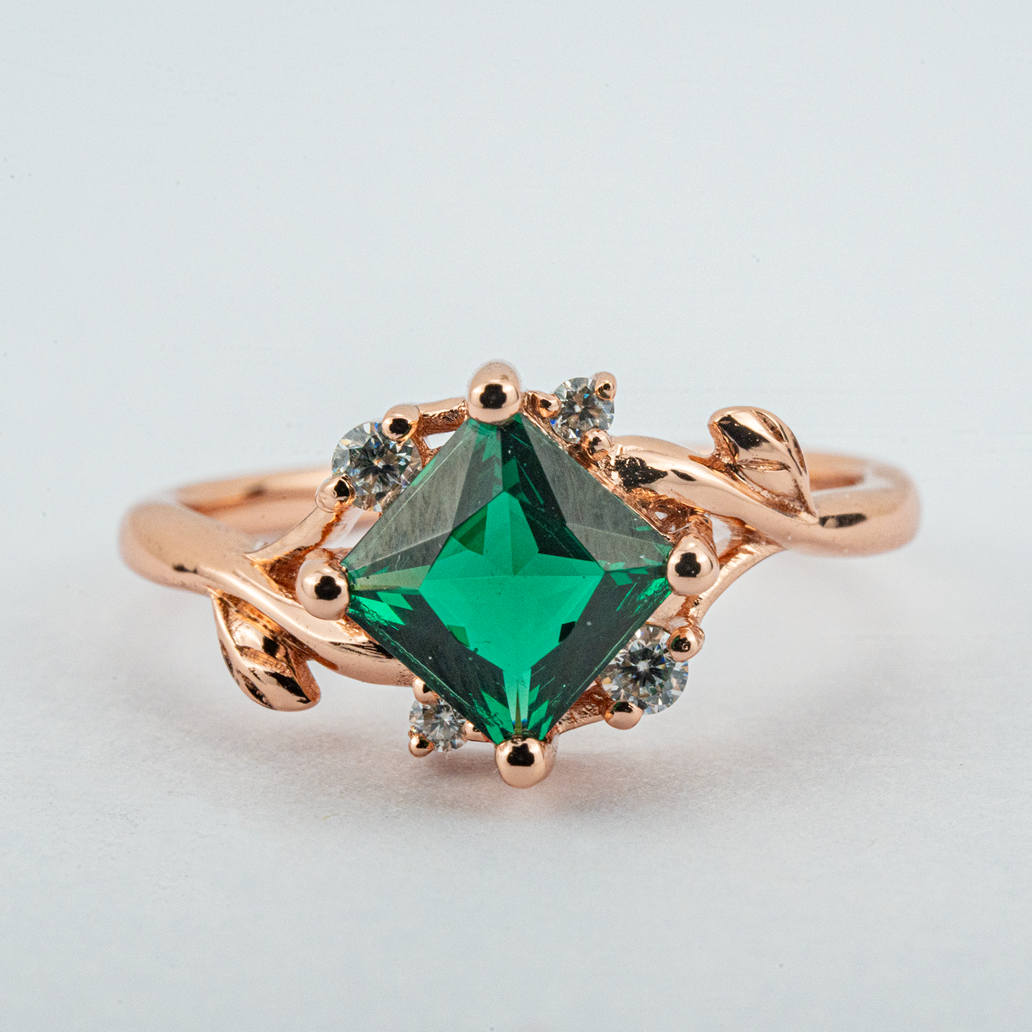 Princess Lab Emerald Engagement Ring With Moissanite.