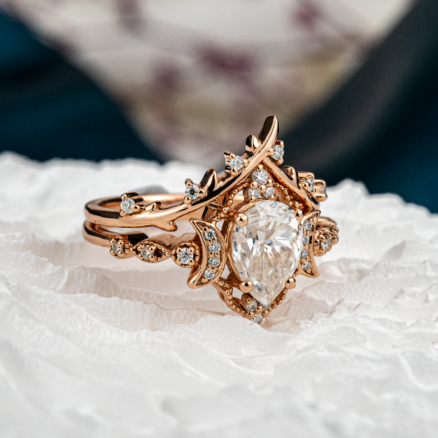 Elegant jewelry set with Pear Moissanite and Leaf design, perfect for special occasions or everyday wear