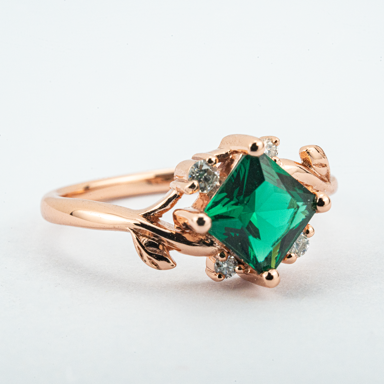 Princess Lab Emerald Engagement Ring With Moissanite.