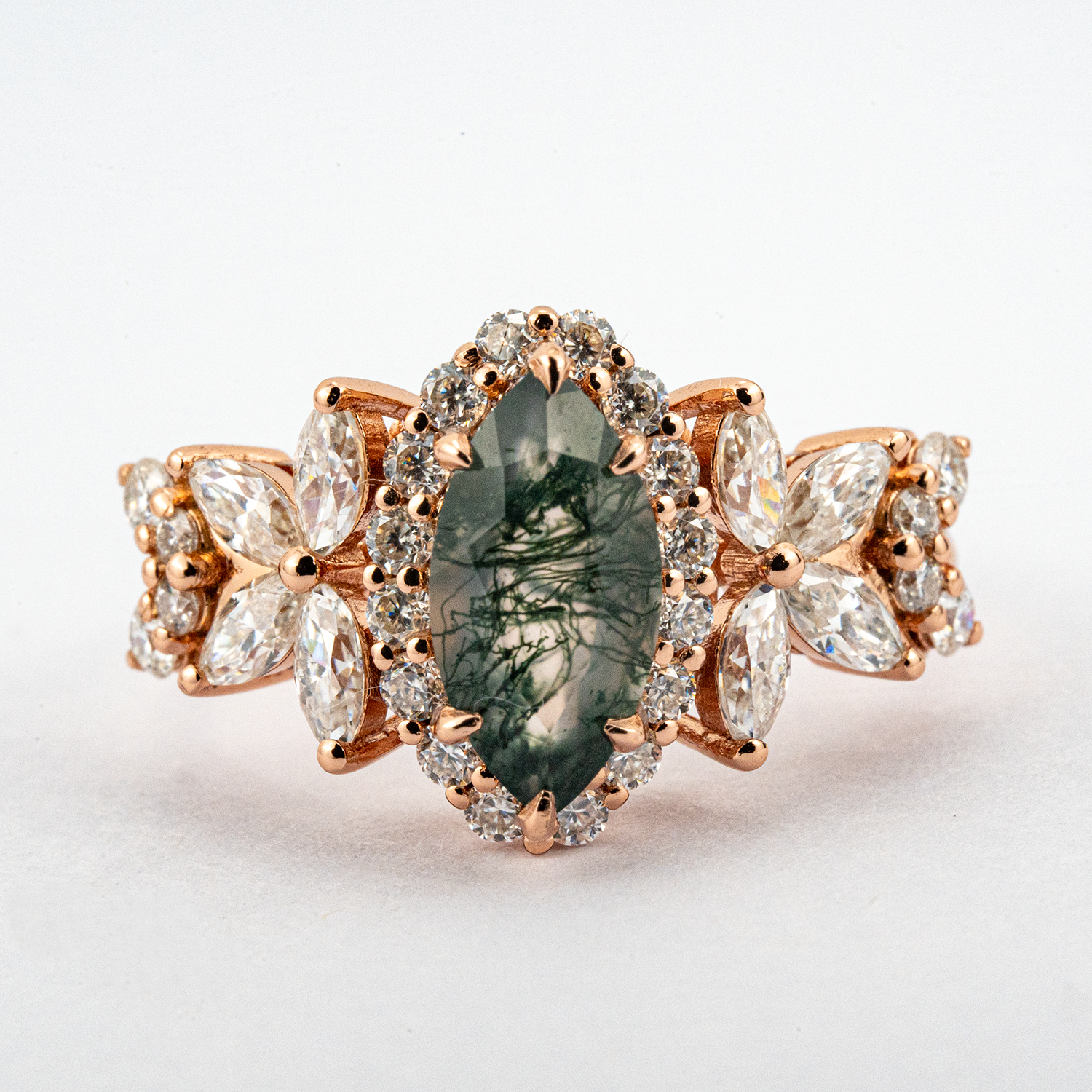 Luxurious Marquise Moss Agate with Moissanite Gold Ring.