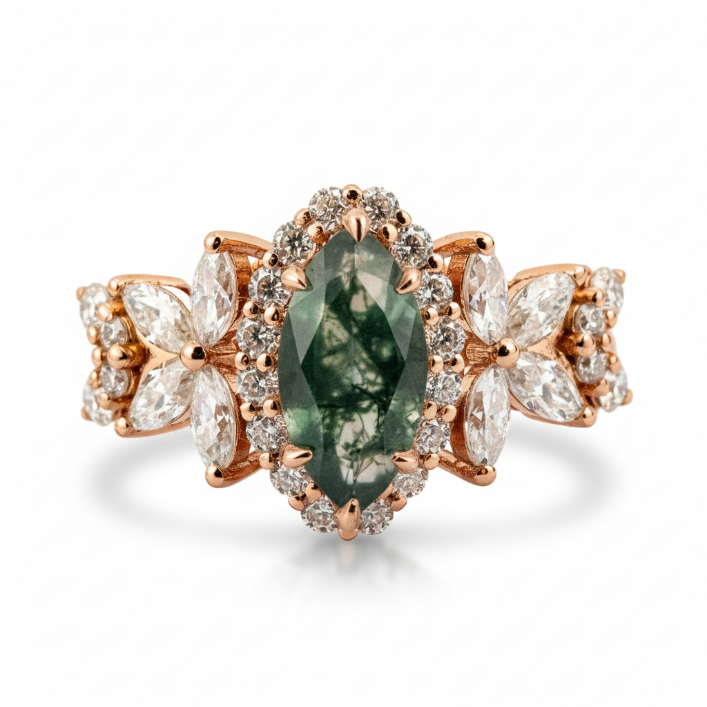 Front view of Marquise Moss Agate Ring in Gold